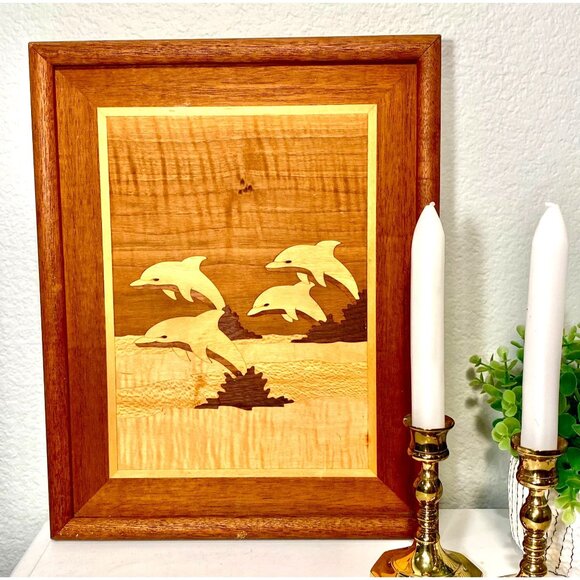 Wooden Marquetry Inlay Four Jumping Dolphins Wall Hanging 15 x 12 Inches - Picture 6 of 8